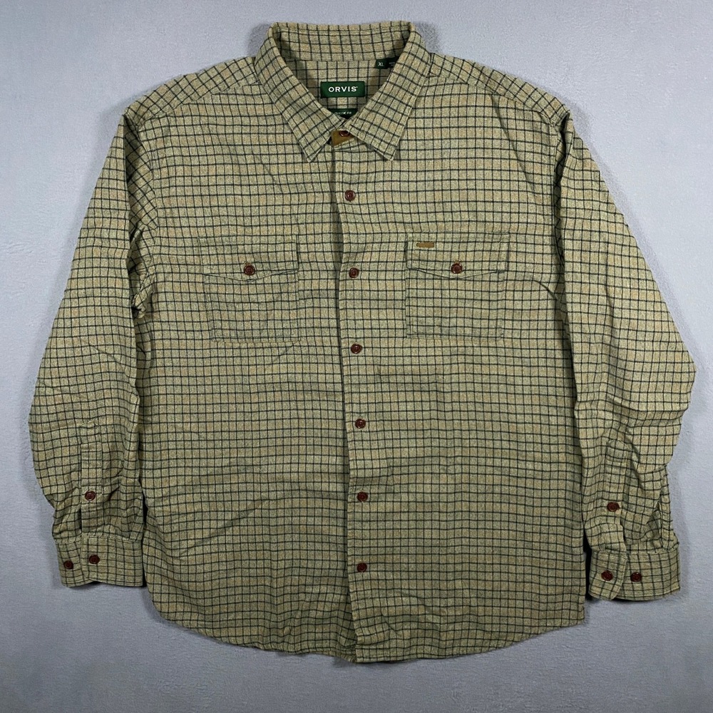 Orvis Button Down Shirt Mens XL Green Tan Check‎ Classic Fit 100% Cotton
